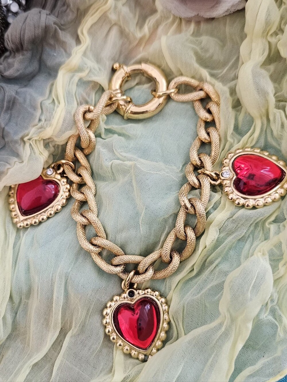 Gold Chain Bracelet with Red Heart Charms